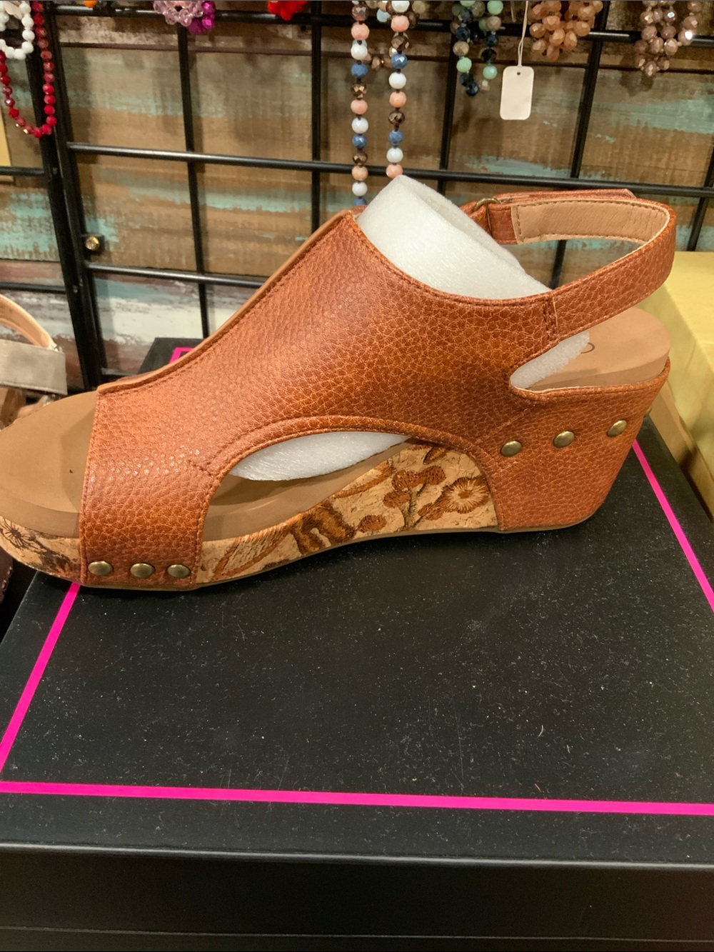 Corkys Cognac Tumbled Leather Platform Wedge Sandal - Picture 3 of 4